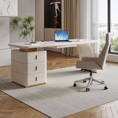 an office with a desk, chair and laptop on the table in front of a large window