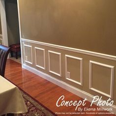 an empty dining room with wood floors and white trim on the walls, along with chairs