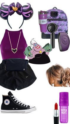 various items are arranged in the shape of an animal ears headband, purple tank top, black shorts, and converse sneakers