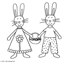 two rabbits are holding hands and one is holding a basket with flowers in it, while the