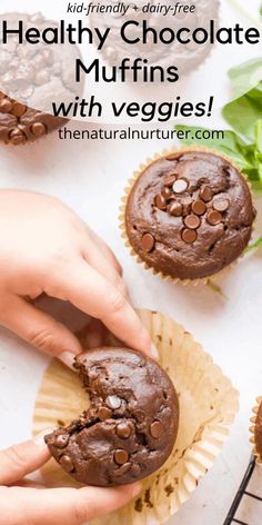 chocolate muffins with veggies in the middle and text overlay reading healthy chocolate muffins with veggies