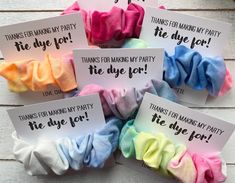 five different colored scrunffles with thank you for the party written on them