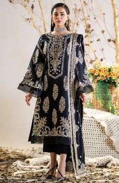 Classic Black Embroidered Pakistani Salwar Kameez Suit Party Dress is an elegant masterpiece that will give you a stunning look. Hand-crafted embellishments. Pakistani Salwar, Raw Silk Fabric, Dress Salwar Kameez, Salwar Kameez Online, Pakistani Salwar Kameez, Net Dupatta, Trouser Style, Embellished Dress, Raw Silk