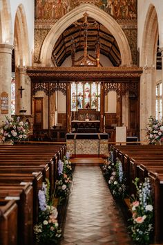 Blue and pink wildflowers decorating the church wedding aisle for a traditional religious ceremony Church Wedding Aisle, Wedding Decor Aisle, Small Church Weddings, Church Aisle Decorations, Pink Wildflowers