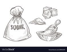 a bag of sugar next to a bowl and spoon with slices of bread in it