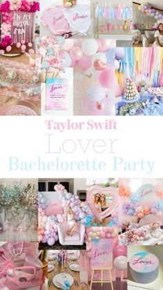 a collage of pink and blue themed party items