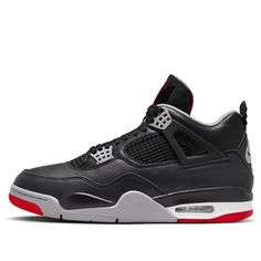 The Air Jordan 4 Retro 'Bred Reimagined' is a fresh take on the iconic silhouette, released on February 17, 2024. This sneaker reinvents the classic Jordan 4 by replacing the traditional nubuck material with a sleek black leather upper. Heritage details like quarter panel netting, gray molded eyelets, and Nike Air branding on the heel tab pay homage to the original 1989 release. The colorway in Black, Cement Grey, Varsity Red, Summit White strikes a balance between boldness and tradition. Whethe Black And Grey Jordans, Jordan 4 Shoes, Jordan 4 Retro Bred, Jordan 4’s, Pretty Sneakers, Rainbow Shoes, Jordan 4s, Pretty Shoes Sneakers, Shoes Sneakers Jordans