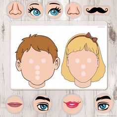 paper doll faces with different facial expressions and haircuts for kids to make them look like they have mustaches on their heads