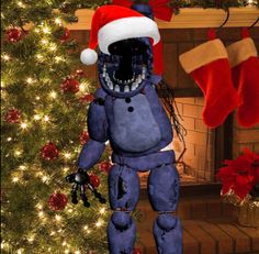 an animated christmas monster standing in front of a fireplace