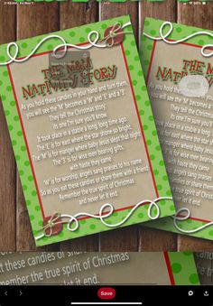 two christmas cards with the words nativity and merry written in red, green and white