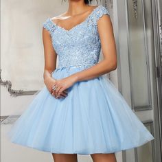 Morilee Damas Quinceanera Two Piece Beaded Lace Party Dress #9577 Bahama Blue - Size 4 New With Tags, Never Worn, Just Purchased August 2021 Cinderella Quinceanera Dama Dresses, Blue Quinceanera Dama Dresses, Small Blue Dress, Light Blue Quinceanera Dresses Short, Blue Evening Dress With Lace Bodice For Debutante Ball, Mini Me Quinceanera Dresses Blue, Blue Lace Bodice Dress For Prom Season, Light Blue Party Dress With Lace Bodice, Light Blue Short Quinceanera Dresses