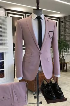 Henson Dusty Pink Peaked Lapel Two Pieces Bespoke Prom Suits Pink Wedding Suits For Men, Wedding Suits For Men, Prom For Guys, Suits Outfits, Prom Suits For Men, Stylish Suit, Pink Suit, Prom Suits, Chic Pink