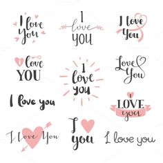 i love you hand lettering set with hearts and arrows