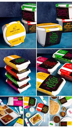 several pictures of different types of food in containers and on the same table, each with their own logo