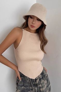 Beige Fitted Sleeveless Crop Top, Chic Knit Vest Crop Top, Beige Stretch Vest Crop Top, Fitted Sleeveless Beige Crop Top, Trendy Beige Vest Crop Top, Chic Camisole Tank Top For Fall, Trendy Fitted Beige Tank Top, Chic Fall Camisole Tank Top, Chic Sleeveless Tank Top