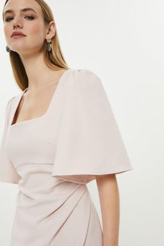 Style: Pencil DressFabric: CrepeLength: MidiNeckline: SquareSleeve Length: Short Sleeve Flare Sleeve Dress, Bridesmaids Dress, Mid Length Skirts, For A Reason, Fitted Silhouette, Dress Pink, Flared Sleeves, Mid Length, Square Neck