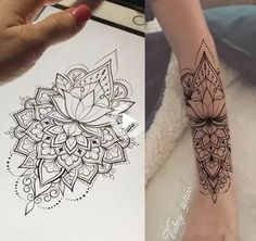 two pictures one with a tattoo and the other with a flower design on its arm