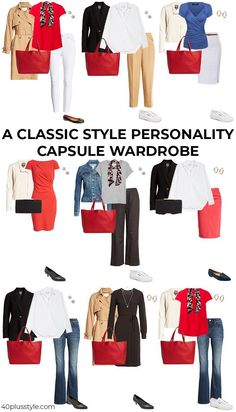 A capsule wardrobe for the CLASSIC style personality | 40plusstyle.com Classic Cute Style, Classy Summer Capsule Wardrobe, Classic Causal Style, Natural Classic Style Clothing, Classic Womens Style, Classic Style Personality, Classic Clothing Style, Classic Fashion Style, Casual Capsule Wardrobe