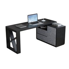 a computer desk with a laptop on top of it and a drawer under the desk