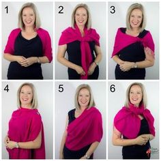 Pashmina Shawl With Dress, How To Make A Cape From A Scarf, Shawl Tied Behind Back, Tying Shawls, Shawl Ideas For Dress, Wrap Scarf How To Wear A, Shawl On Dress, Wearing Shawls Ways To, How To Wrap A Pashmina Shawl