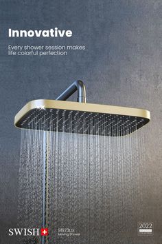 an advertisement for the swiss bath and shower service, featuring gold faucet with hand held shower head