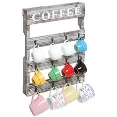 a wooden rack with coffee mugs hanging from it