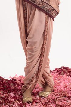 Peach cotton silk kaftan with embroidered yoke in floral pattern using sequins, cutdana, thread, elevated with floral prints. Paired with a draped dhoti pant with printed panels. - Aza Fashions Traditional Semi-stitched Georgette Sherwani, Semi-stitched Traditional Georgette Sherwani, Semi-stitched Georgette Sherwani With Traditional Drape, Embroidered Georgette Sherwani With Traditional Drape, Traditional Georgette Sherwani With Zari Work, Traditional Drape Sherwani With Dupatta In Georgette, Traditional Sherwani With Dupatta In Georgette, Traditional Designer Georgette Sherwani, Traditional Designer Sherwani In Georgette