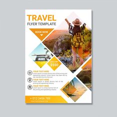 a travel flyer template with yellow and white geometric shapes on the front, featuring an image of a woman in a hat