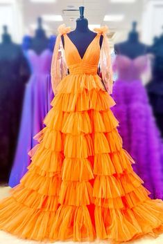 Bow Straps Orange V-Neck Ruffled Tulle Long Prom Dress with Slit Layer Prom Dress, Orange Prom Dresses, Tulle Long Prom Dress, Prom Dress Pictures, Bow Straps, Dress Quinceanera, Bow Wedding Dress, Prom Dresses Two Piece, Princess Ball Gowns