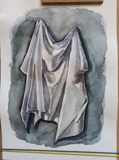 a watercolor painting of a white shirt hanging on a wall next to a wooden frame