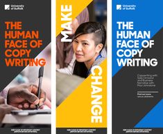 two vertical banners for the human face of copywriters with an image of a woman writing