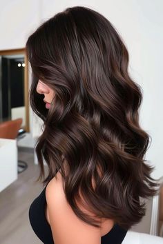 Brunette Mahogany Balayage, Brunette Hair With Fair Skin, Soft Waves Dark Hair, Brunette Glaze Hair, Fall Hair Colours For Brunettes, Rich Deep Brown Hair, Rich Dark Brown Hair Color Balayage, Espresso Balayage Dark Brown, Dark Brown Chestnut Hair