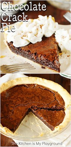 a chocolate pie with whipped cream on top and the bottom half cut out to show it's crust