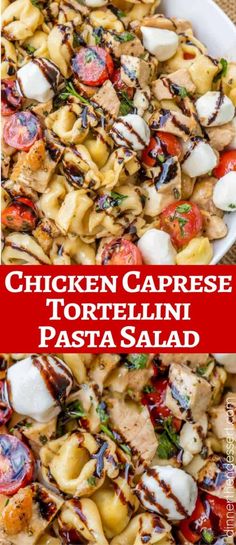 chicken caprese tortelli pasta salad in a white bowl