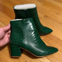 Brand New Never Worn Size 6 Green Synthetic Heels For Fall, Green Synthetic Winter Boots, Winter Green Synthetic Boots, Green Ankle-high Synthetic Boots, Green Ankle Boot Heels For Winter, Green Round Toe Booties For Spring, Green Synthetic Boots For Spring, Green Ankle-high Booties For Fall, Winter Booties With Pointed Toe In Synthetic Material