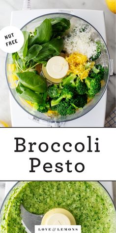 broccoli pest in a food processor with the words, how to make broccoli pest