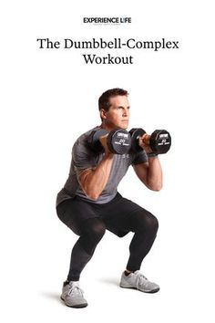 the dumbbell - complex workout book cover shows a man squatting and holding two kettles