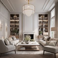 a living room filled with furniture and a fire place in the middle of a room