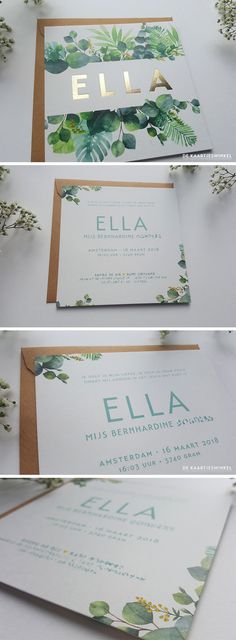 the wedding stationery is laid out on top of each other