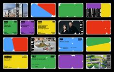 an assortment of business cards designed to look like different buildings and colors, with the words change on them