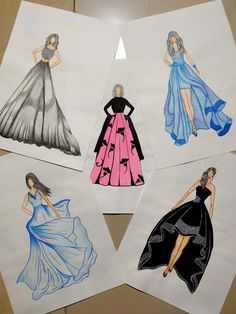 four paper dolls with different dresses on them are shown in the shape of triangles