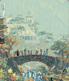 a painting of people walking across a bridge