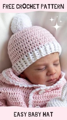 a baby wearing a pink and white knitted hat