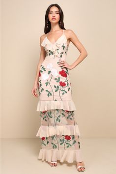 Follow your heart in the Lulus True to Heart Beige Floral Embroidered Ruffled Tiered Maxi Dress! Sheer mesh, decorated with ivory, red, and green floral embroidery, overlays this elegant maxi dress with a princess-seamed, surplice bodice supported by adjustable skinny straps that lace and tie atop an open back. Playful chiffon ruffles add flirty detail along the neckline and throughout the tiered maxi skirt. Hidden back zipper/clasp. Fit: This garment fits true to size. Length: Floor length. Size medium measures 53.5" from adjustable straps to hem. Bust: Works best for A to C cup sizes. Waist: Fitted - very fitted at natural waist. Hip: Not Fitted - fuller skirt allows room for hips. Undergarments: May be worn with a strapless bra, adhesive bra, petals, or no bra. Fabric: Fabric has some s Lulu Fashion, Tiered Maxi Skirt, Elegant Maxi Dress, Embroidered Maxi Dress, Follow Your Heart, Chiffon Ruffle, Tiered Maxi Dress, Princess Seam, Unique Dresses