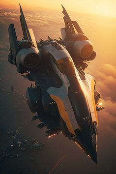 a futuristic fighter jet flying through the air at sunset or sunrise with clouds below it