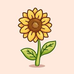 a cartoon sunflower with green leaves on a pink background