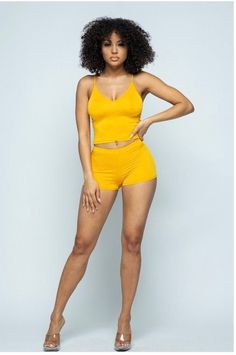 I am the CEO of King her Boutique. I sell various items including lashes, clothes, and accessories.✨ This is the plain Jane two piece set. The set includes a crop top and shorts. The crop top has a v cut neckline and adjustable spaghetti straps. The shorts are mini length with an elastic waistband. The material is soft and stretchy and the sizes range from small to large. It comes in yellow, green, and gray. These sets do run small. Message me for any questions. Seamless Short Length Crop Top For Summer, Trendy Short Crop Top For Vacation, Trendy Seamless Shorts, Trendy Spaghetti Straps Crop Top For Loungewear, Trendy Short Crop Top For Loungewear, Trendy Short Length Crop Top For Loungewear, Trendy Loungewear Crop Top, Trendy Short Crop Top, Make Up Diy