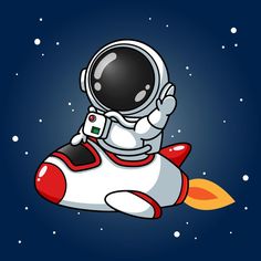 an astronaut floating on top of a rocket in the sky with stars around him and holding his hand up