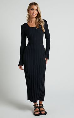 Blaire Midi Dress - Long Sleeve Tie Back Flare Dress in Black Sleek Long Sleeve Dress For Fall, Evening Long Sleeve Ribbed Sweater Dress, Long Sleeve Ribbed Evening Maxi Dress, Evening Ribbed Long Sleeve Sweater Dress, Evening Ribbed Sweater Dress With Long Sleeves, Chic Fall Dress With Scoop Neck, Long Sleeve Viscose Maxi Dress For Fall, Black Long Sleeve Viscose Dress, Long Viscose Dress For Fall