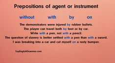 an image of a poem written in blue on pink background with words describing prepositions of agent or instrument